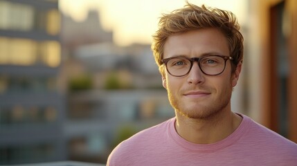 Close-up of a man with ginger hair, glasses, and a pink shirt, urban backdrop