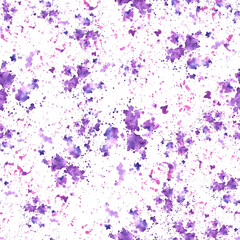 Purple and pink ink splashes, stains abstract seamless pattern. Hand painted in watercolor spotted transparent backdrop for fabric, wrapping paper, texture backgrounds, scrapbooking. Isolated on white