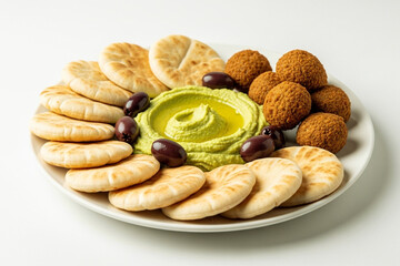 Mediterranean Platter with Falafel, Hummus, Pita, and Olives – White Background