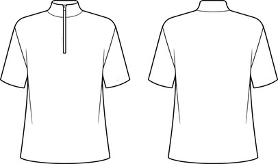 Short sleeve mock neck zipper t-shirt flat sketch, fashion cad drawing, technical vector illustration, front and back design template © Creative Asif
