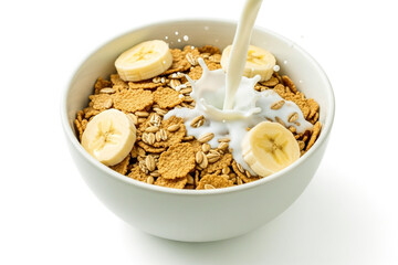 Cereal Breakfast Bowl with Banana and Milk – White Background