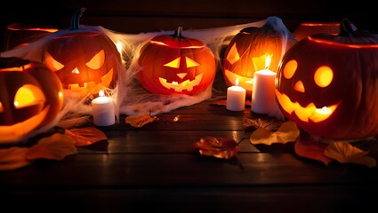 Glowing Jack-o'-Lanterns: A captivating scene of carved pumpkins illuminated by flickering candles, surrounded by fall foliage, all set against a dark, eerie backdrop.