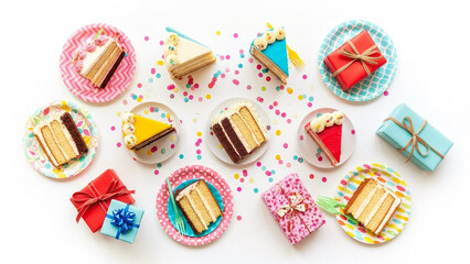 Colorful Birthday Cake Slices and Gifts on White Background