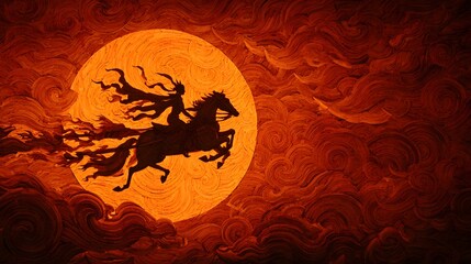 A sun god riding a flaming chariot across the sky