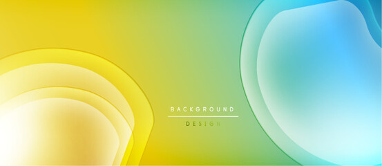 Abstract fluid shapes, yellow, green, blue gradients. Modern design, smooth layers create dynamic visual effect. Minimalist composition.