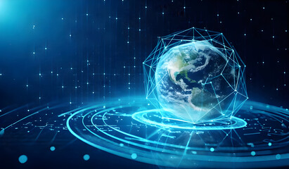 A glowing digital earth is surrounded by a network of connections