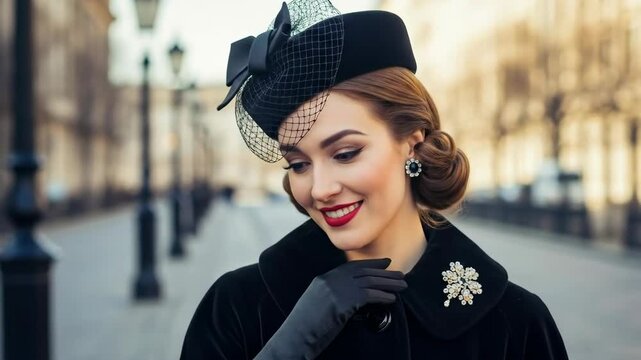 Woman in classic black ensemble with vintage hat smiles on a city street, ideal for fashion and lifestyle promotions