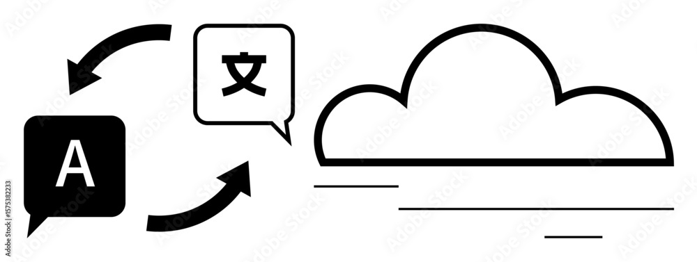 Poster two speech bubbles with arrows indicate language translation, paired with a cloud icon. ideal for gl