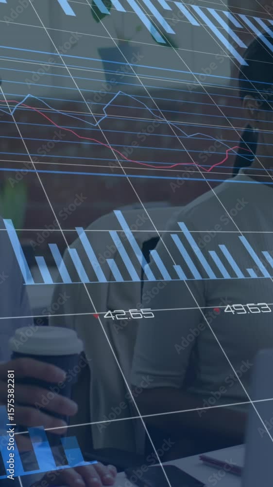 Poster animation of statistical data processing against diverse man and woman discussing at office