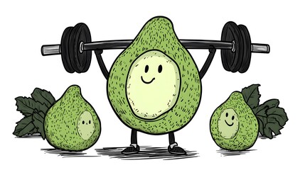 Cute Avocado Weightlifting Cartoon Illustration