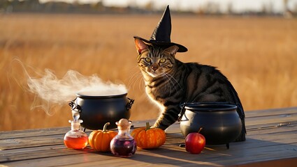 Mystic Cat's Halloween: A mysterious feline conjures up a magical potion in a festive setting, donned in a whimsical witch hat. Enchanting seasonal scene. 