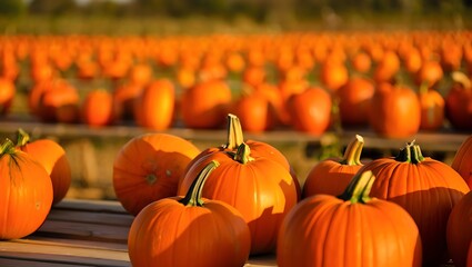 Harvest Bounty: A vibrant pumpkin patch bursts with a bounty of ripe pumpkins, bathed in warm sunlight, a picturesque scene celebrating the season of autumn.