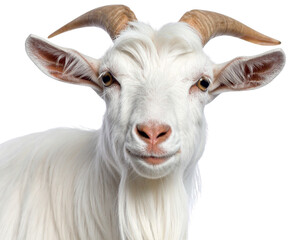 Close-Up Front Portrait of a Cashmere Goat with Curly Horns, isolated on white background