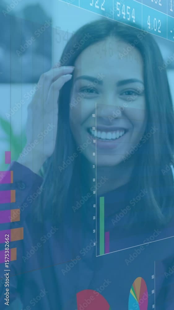 Poster animation of statistical data processing against portrait of woman smiling at office