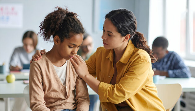Teacher comforting upset student.