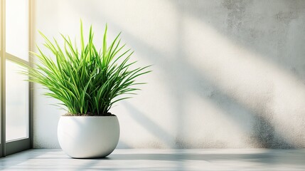 Green plant in a white pot against a light backdrop, adding a fresh touch to contemporary indoor decor.