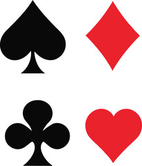 Playing Card Suits Vector Illustration Featuring Black Spade, Red Diamond, Black Club, and Red Heart Symbols Arranged in Grid Format for Gaming, Entertainment, and Decorative-Themed Concepts