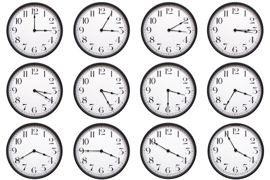 A set of classic round analog wall clocks with black frames and bold numbers, each showing a different hour from 03:00 to 03:55 or 15:00 to 15:55. Perfect for time related infographics. - Powered by Adobe