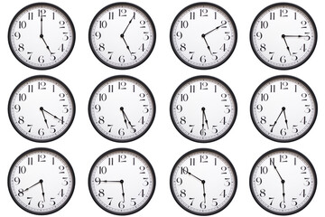 A set of classic round analog wall clocks with black frames and bold numbers, each showing a...