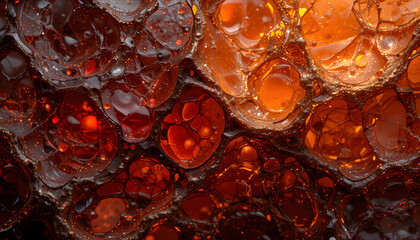 Close-Up of Bubbles in Carbonated Brown Liquid – Abstract Still Life Representing Texture, Micro-Motion, and Everyday Complexity
