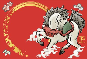 午年　干支　2026年　年賀状　年賀2026　午　馬　墨絵　水墨画　手描き　和風　モダン　イラスト