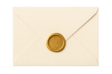 Elegant white envelope featuring golden wax seal, symbolizing classic communication and refined stationery against transparent backdrop