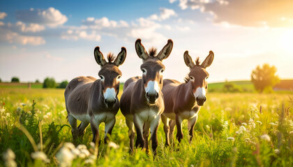 Three Donkeys in Sunny Field.