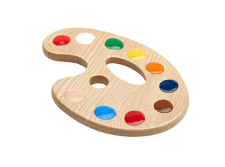 Wooden artist palette with colorful paint samples ready for painting, On Transparent Background, Png