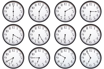 A set of classic round analog wall clocks with black frames and bold numbers, each showing a...