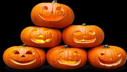 Festive Stack of Carved Pumpkins: A vibrant arrangement of carved pumpkins, each displaying a unique and joyful expression, stacked artfully to evoke the spirit of Halloween and autumn celebrations.