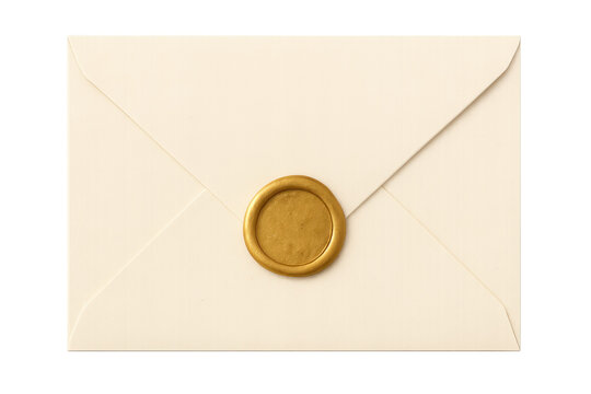 Elegant white envelope featuring golden wax seal, symbolizing classic communication and refined stationery against transparent backdrop