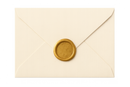 Elegant white envelope featuring golden wax seal, symbolizing classic communication and refined stationery against transparent backdrop - Powered by Adobe