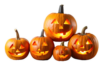 Group of Glowing Jack O Lantern Pumpkins with Carved Faces on Transparent Background