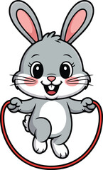 A cute rabbit joyfully skipping rope