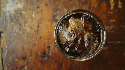Iced Dark Drink in Glass on Wooden Table Top View