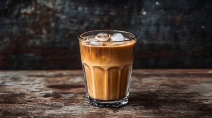 Iced Latte Coffee Drink in Glass on Wood