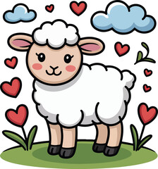 Obraz premium Cute cartoon sheep in a field with heart shape and cloud