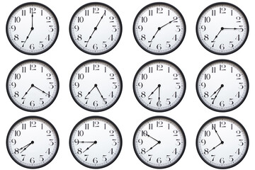 A set of classic round analog wall clocks with black frames and bold numbers, each showing a...