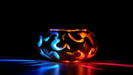 Enigmatic Radiance: A vibrant, illuminated pumpkin radiates a mesmerizing glow against a stark black backdrop, its intricate carvings casting dynamic light and shadow patterns.
