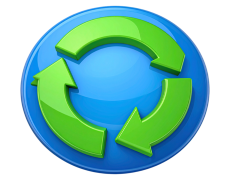 A glossy bright green circular refresh symbol with arrows on a rounded soft blue base