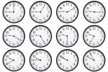 A set of classic round analog wall clocks with black frames and bold numbers, each showing a...