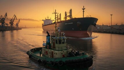 Tugboat guides cargo ship out of port during sunrise with warm light, guiding shipping traffic with expertise. Tugboat operation and maritime industry meet at sunrise, directing sea transport.