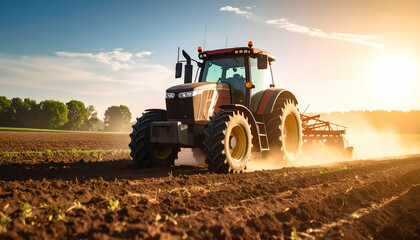 Obraz premium Tractor plowing field sunset.