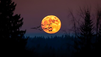 Spectacular Orange Harvest Moon Rising Over Silhouetted Trees