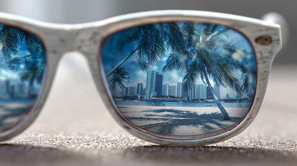 Sunglasses with reflections of palm trees, white sand and blue sea.