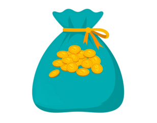 A plump teal bag bursting with bright gold coins and tied with a neat yellow bow.  