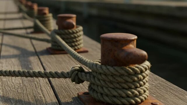 Mooring ropes secured to rusty bollards create textural details on weathered dock planks, highlighting maritime strength. Close-up mooring ropes display textures, embodying maritime tradition,