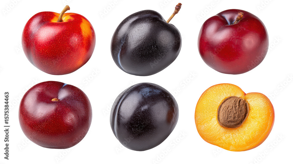Poster plum and nectarine fruit isolated on transparent background with fresh ripe texture and color