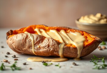 Warm and inviting baked sweet potato with tahini drizzle