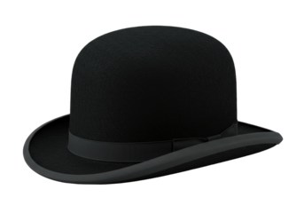 Pristine classic black bowler hat crafted from dark felt with a stiff, curled brim and domed crown, against a transparent seamless studio background with no shadows, ideal for high-end product